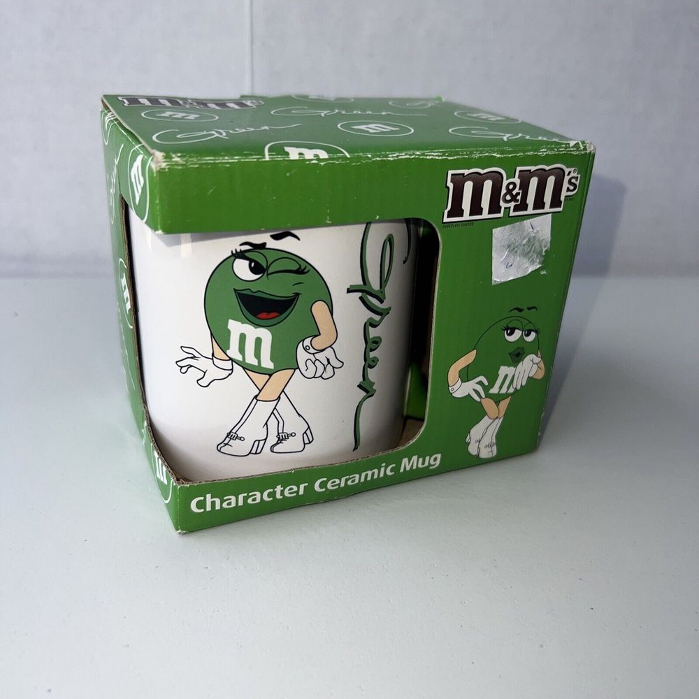 M&M's M and M's Green Ceramic Mug W/ Box New Old Stock 2012 Wearing‎ White Boots